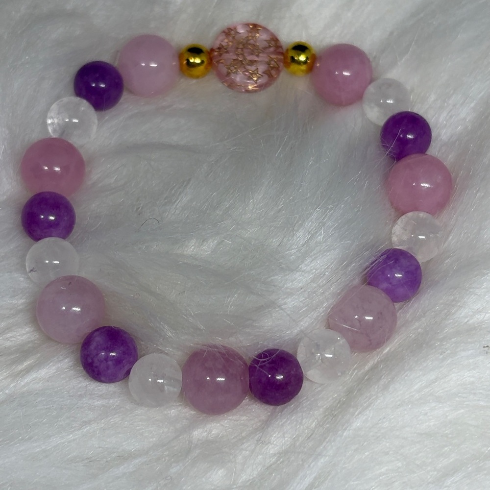 Kunzite and Clear Quartz Star and Moon Gold Painted Bead Stretch Bracelet